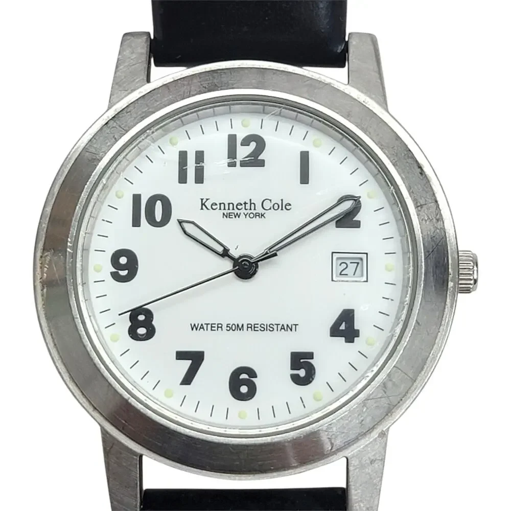 Kenneth Cole New York Mens Watch White Dial Date Black Leather Band Water 50M